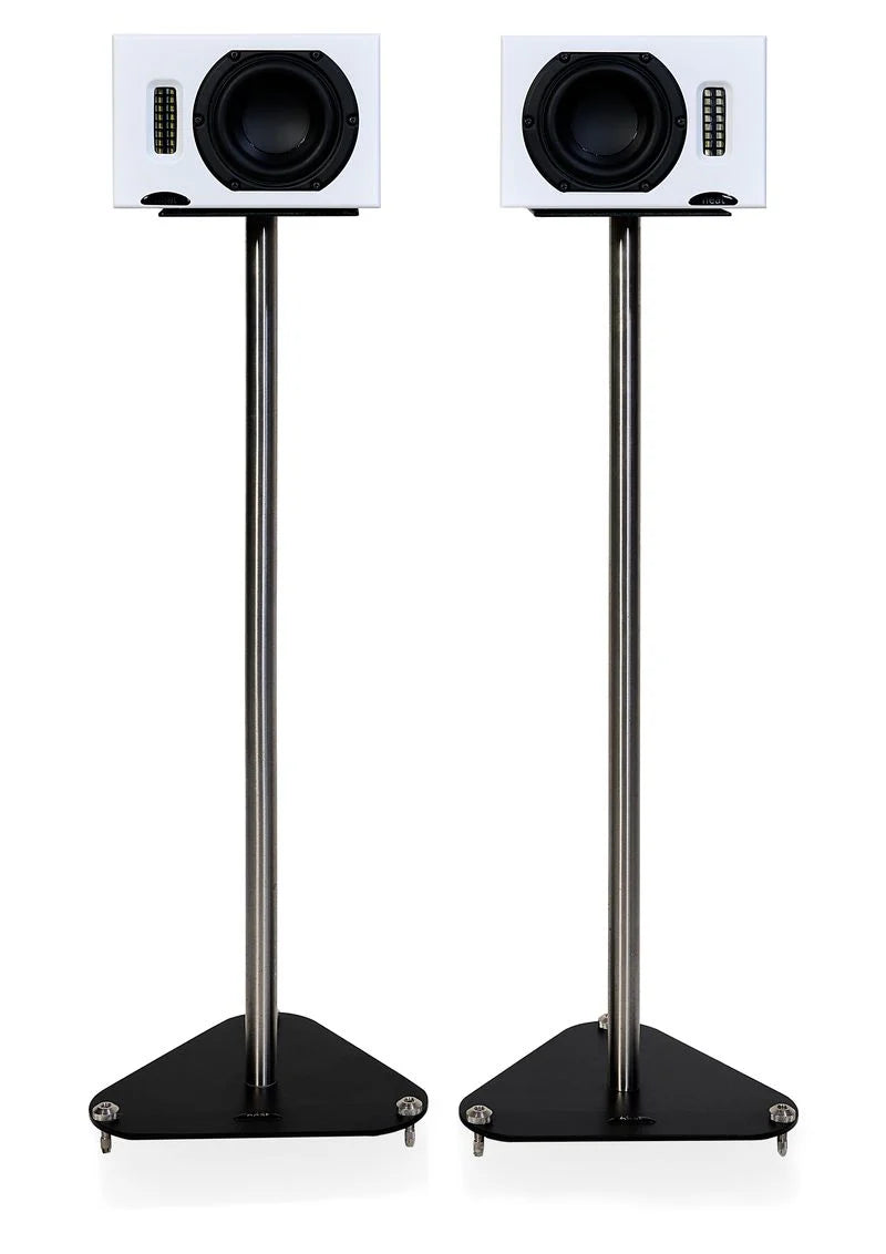 Neat IOTA Stands, colonne cromate con basi nere – coppia con diffusori IOTA bianchi