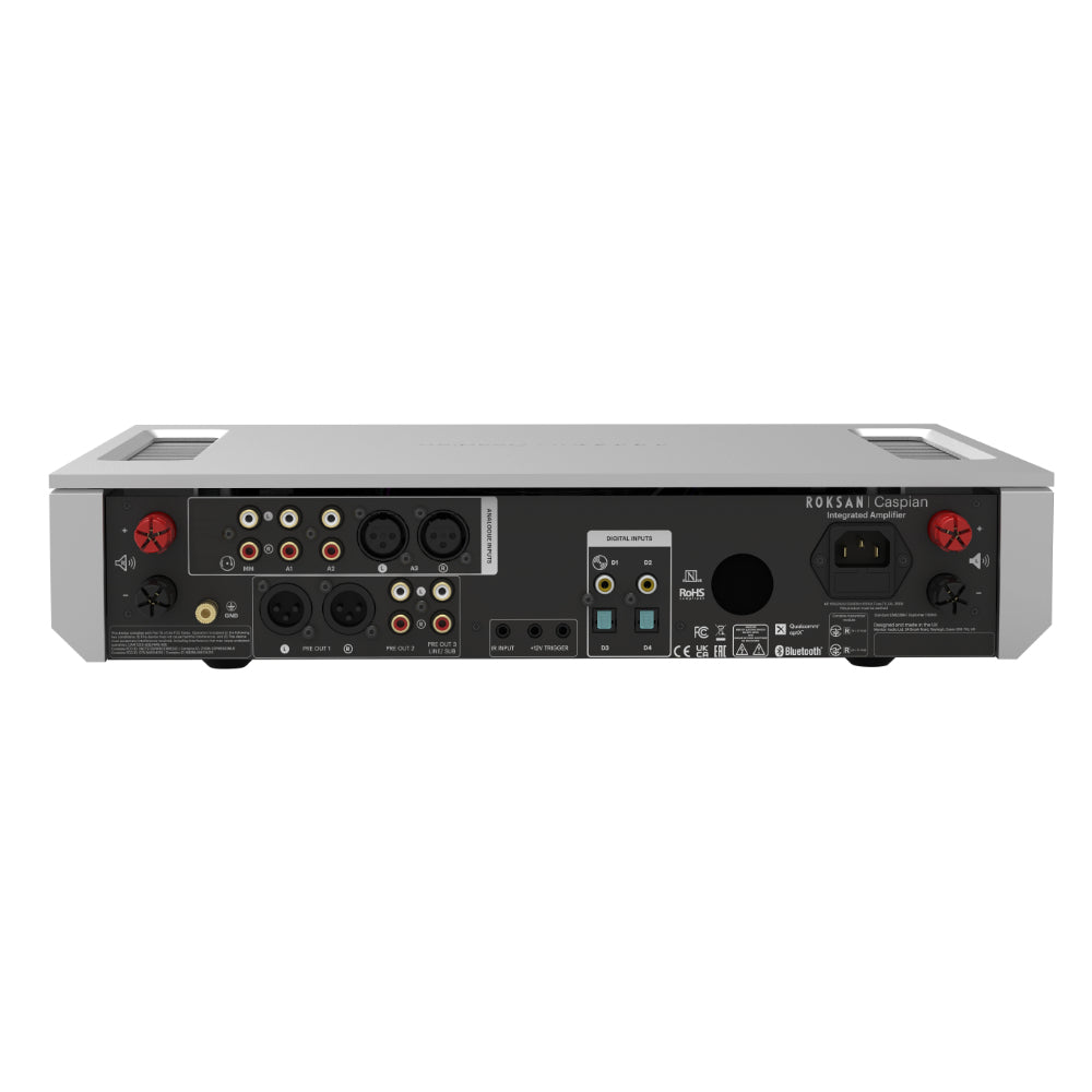Roksan Caspian 4G Integrated Amplifier, pannello posteriore con ingressi RCA, XLR e morsetti