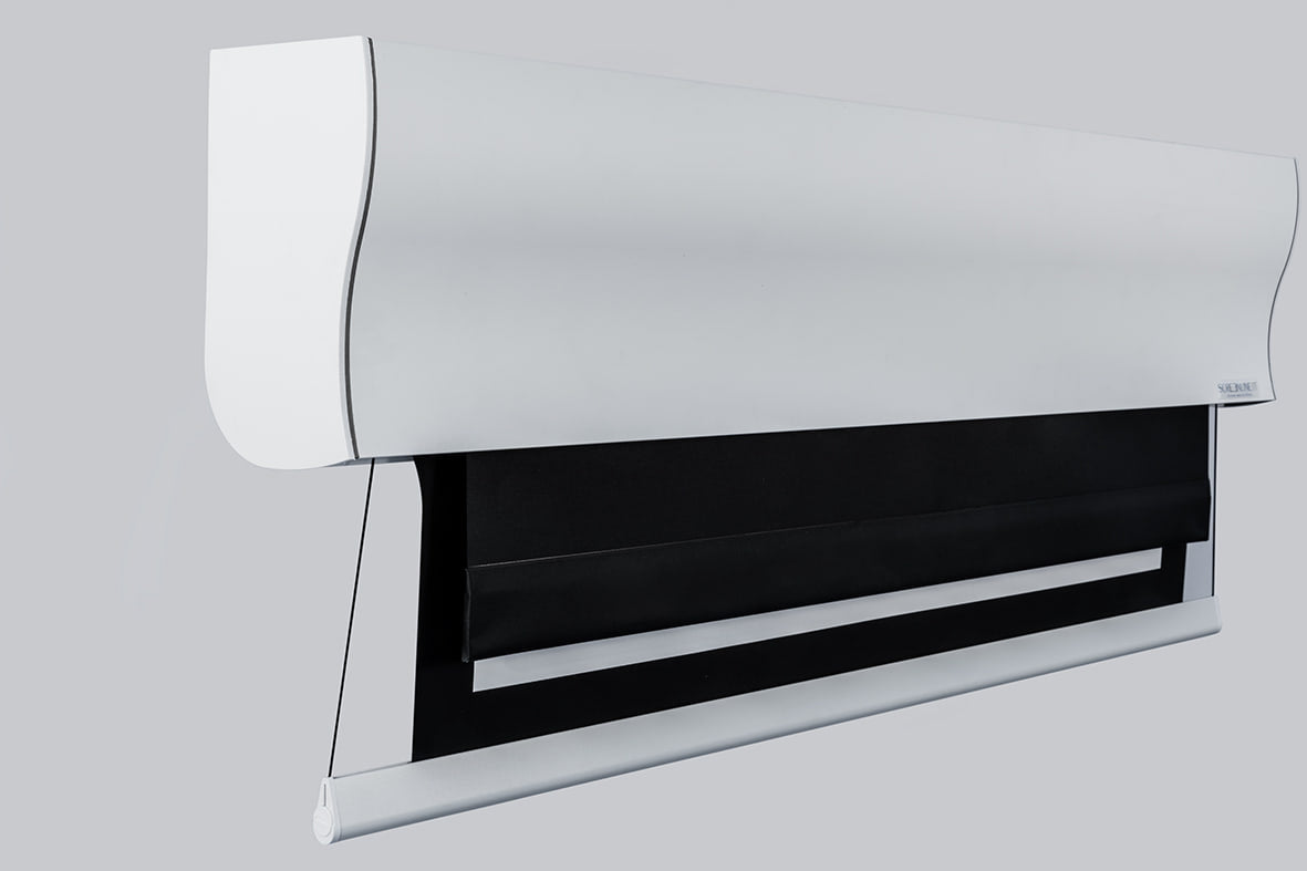 Screenline Wave Multiformat — cassonetto bianco, tela nera e tela di proiezione