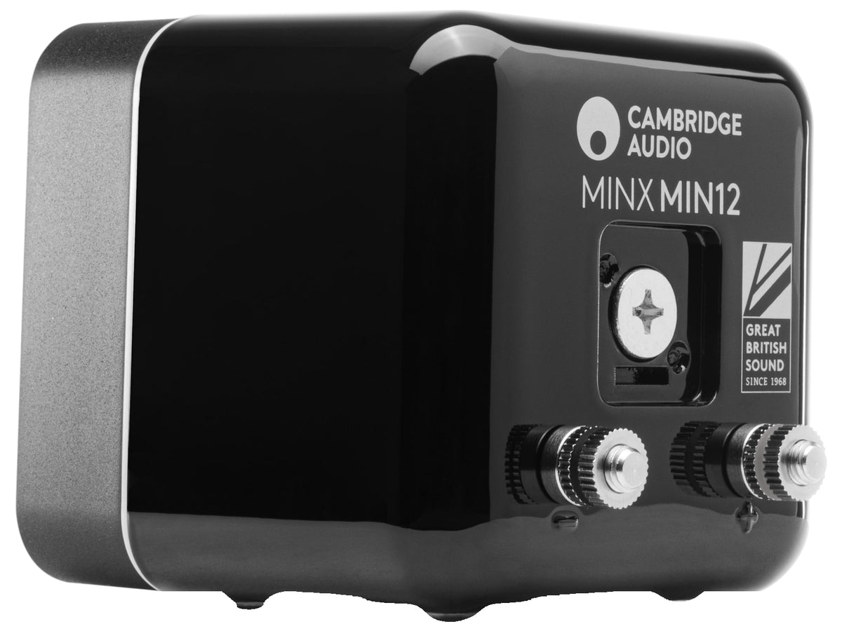 Cambridge Audio Minx Min 12 — Nero, retro di 3/4 con i morsetti