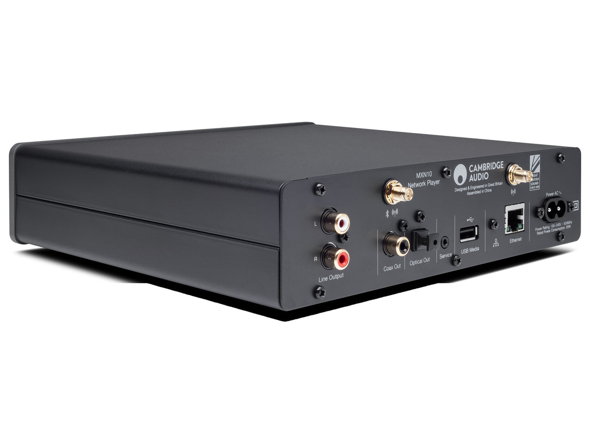 Cambridge Audio MXN10, vista posteriore di tre quarti con le connessioni