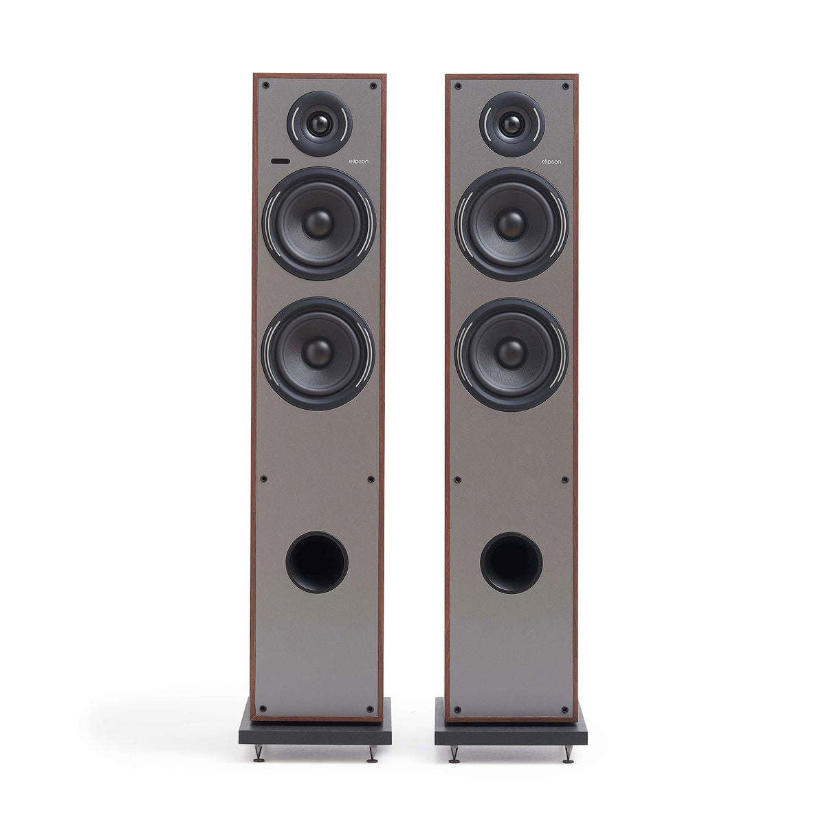 Elipson Horus 11F Active BT, finitura noce e grigio scuro, la coppia vista di fronte