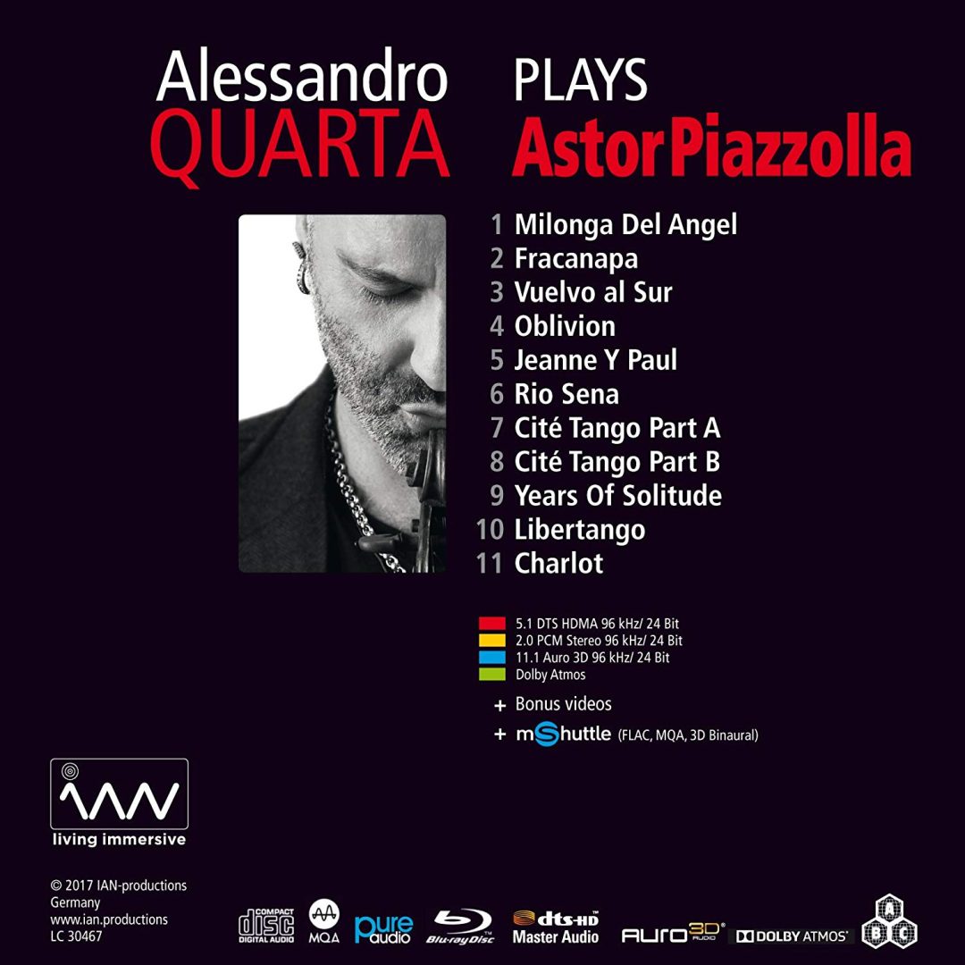 Alessandro Quarta – Plays Piazzolla | CD + Blu-ray Dolby Atmos, vista posteriore