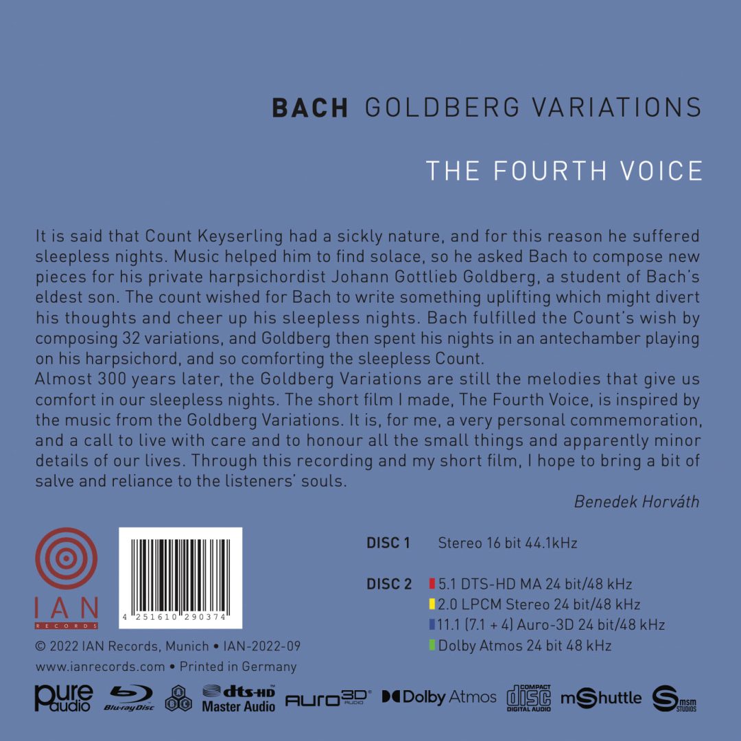 Benedek Horvath – Bach/ Goldberg Variationen | CD + Blu-ray Dolby Atmos, vista posteriore