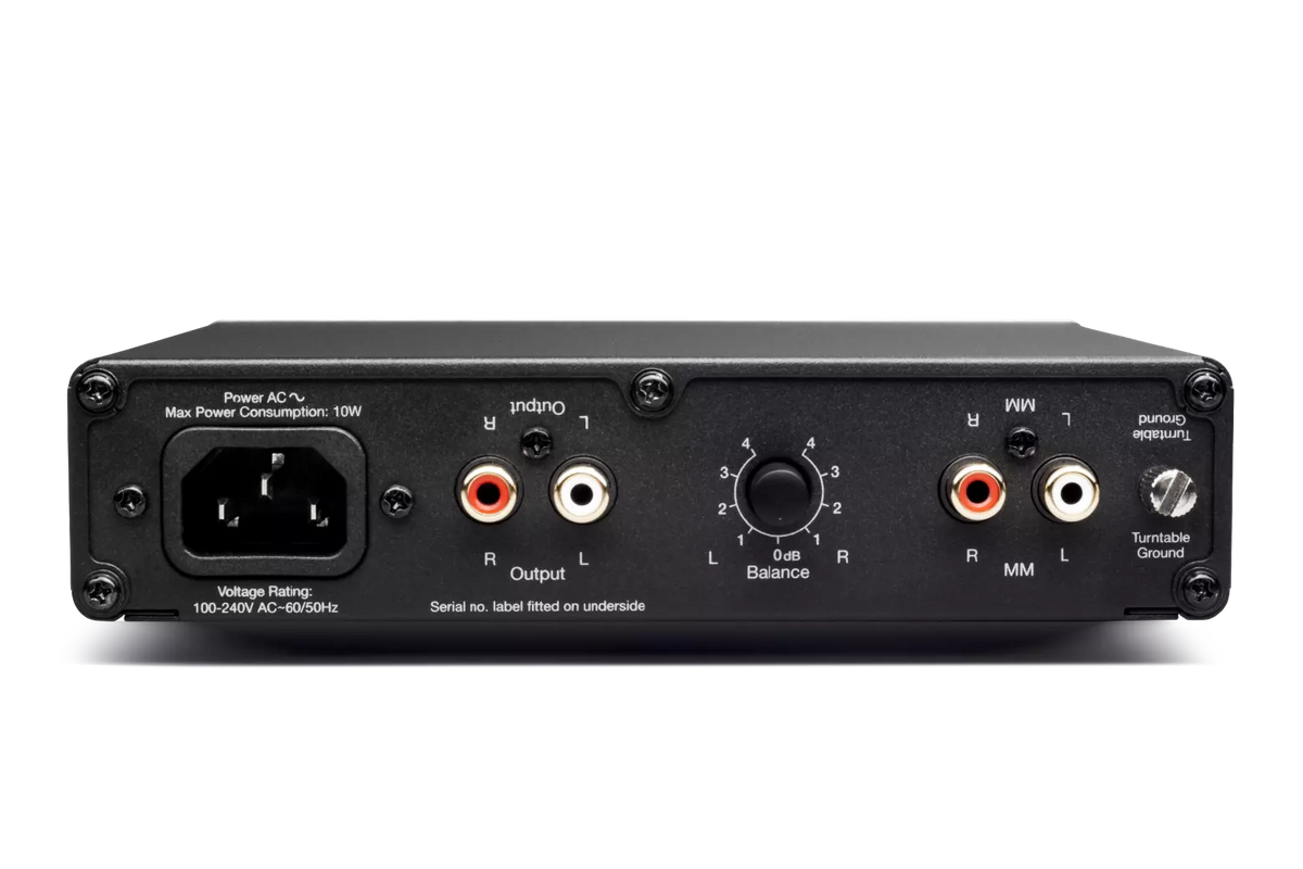 Cambridge Audio Alva Solo — retro con ingresso MM, uscita RCA, bilanciamento e morsetto di massa